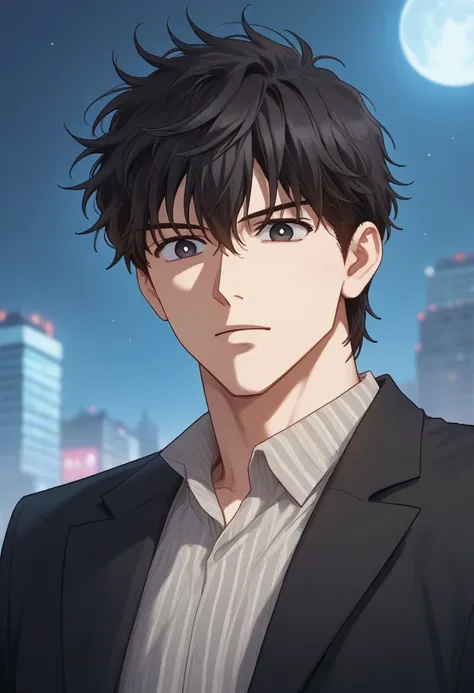 score_9, score_8_up, score_7_up, source_anime, rating_safe, , (realistic:0.6), , depth of field, 1boy, solo, male focus, , ,han yoohyun,black hair,black eyes,messy hair,short hair,hair between eyes,looking at viewer, shirt, jacket,black jacket,striped,gray...