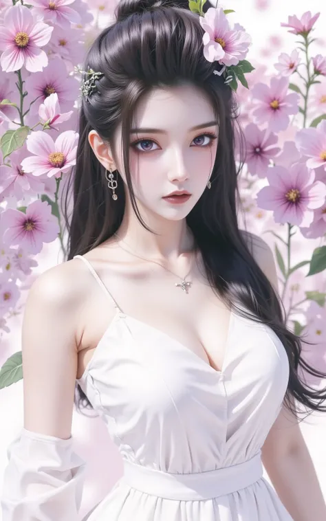 1girl,flower,long hair,solo,purple eyes,hair ornament,jewelry,upper body,bare shoulders,black hair,earrings,dress,looking at viewer,petals,white dress,hair flower,