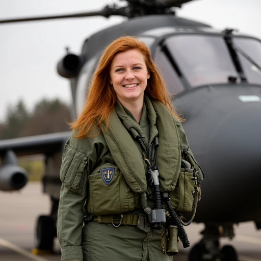 a young redhead woman wearing an RAF flight suit standing next to a modern attack helicopter