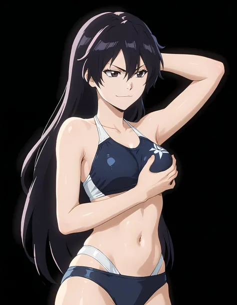 <lora:Bambietta_Basterbine_Bleach:1>simple black background,
bambietta_basterbine, 1girl, black hair, long hair, hair between eyes,
swimsuit, one hand behind head, smirk, narrowed eyes, one hand holding breast,
from front, looking away