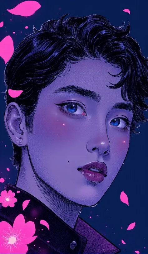 A captivating close-up portrait of a young Japanese man, his face drawn entirely of intricate dots and lines in glowing neon blue, neon pink, black, and white. The contours of his face are defined by fine neon lines, creating the shape and expression with ...