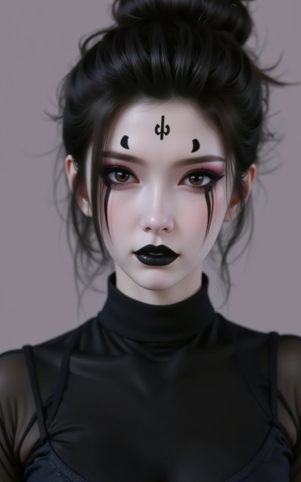 official art,1girl,solo,black hair,facial mark,looking at viewer,forehead mark,makeup,hair bun,black eyes,portrait,lipstick,simple background,black lips,bodysuit,upper body,closed,masterpiece,illustration,an extremely delicate and beautiful,extremely detai...