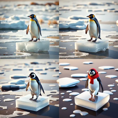 a penguin standing on block of ice, ice is melting. desert oasis.
. natural lightsource