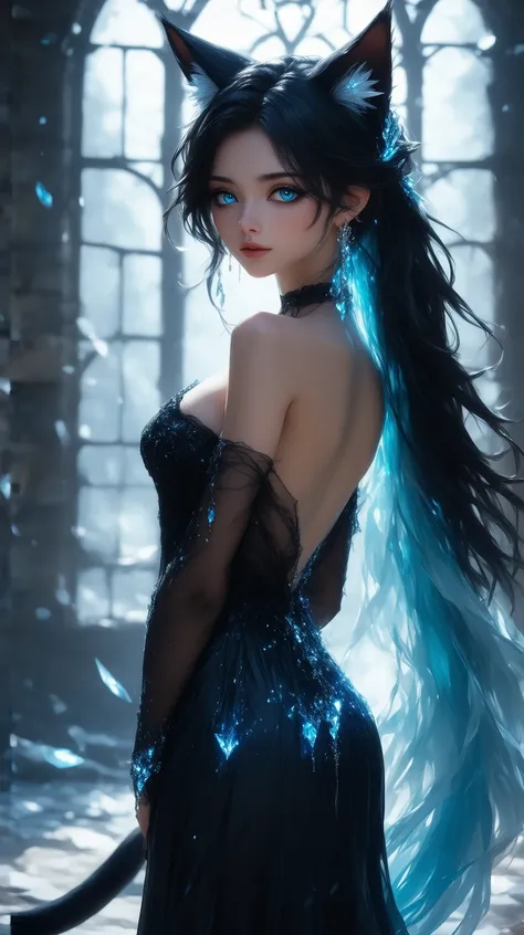 A breathtaking Anime-Style Miqote woman with long, flowing black hair that transitions to ethereal ice blue at the tips. Her striking blue eyes seem to glow with an inner light, and shes looking back over her shoulder with an enchanting expression. Shes we...