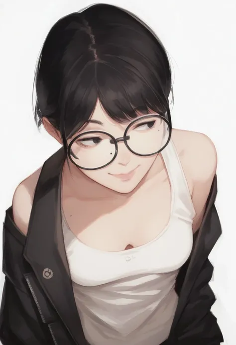 score_9,score_8_up, score_7_up,xai,1girl, solo, breasts, smile, short hair, simple background, black hair, white background, cleavage, bare shoulders, closed mouth, jacket, small breasts, glasses, off shoulder, mole, black eyes, lips, looking to the side, ...