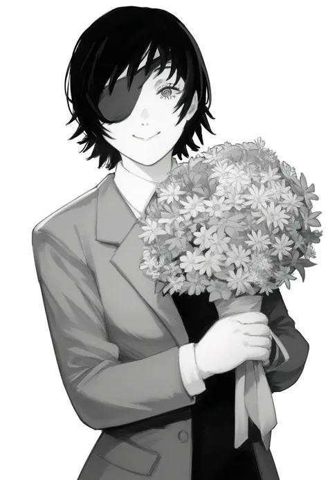 score_9,score_8_up, score_7_up,xai,1girl, solo, looking at viewer, smile, short hair, simple background, shirt, black hair, white background, holding, monochrome, flower, greyscale, eyepatch, formal, suit, bouquet, holding bouquet, himeno (chainsaw man)