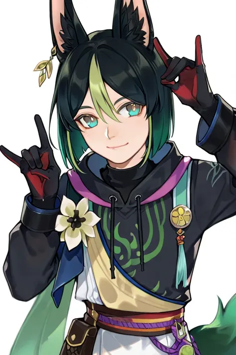 Hwcberrystyle, 1boy, male focus, tighnari (genshin impact), genshin impact, androgynous, animal ears, black gloves, black hair, flower brooch, fox boy, fox ears, gloves, green eyes, green hair, hand up, short hair, smile, solo, upper body, single earring, ...