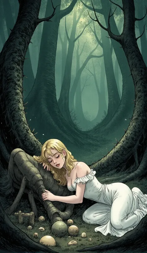 dark fantasy art, Sleeping Beauty in a forest of thorns, Broken stringwheel parts scattered about, spindle, Witchs Curse, Beauty is asleep, watercolor 
<lora:Ghoul:1> This is a digital drawing in a manga-inspired style,
