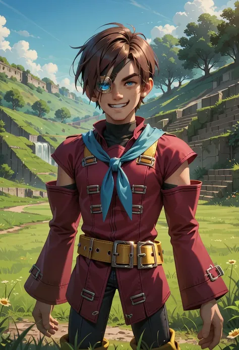 score_9, score_8_up, score_7_up,highly detailed,vize,solo,brown hair,smile,belt,blue eyes,neckerchief,male focus,freckles,glass over left eye, 1boy,short hair,detached sleeves,knee boots, outdoor, sky, grass field,