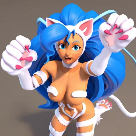 white fur covered arms and legs, cat paw hands and feet, 1girl, curled bang, cat girl, white cat ears, anthro, long wild blue hair, naked female, white fur around head, long white tail, white fur covering body parts, blue eyes, Felicia, pink claws