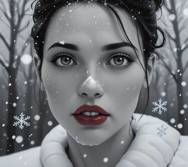 snow, snowing, winter, freeze, realistic artwork, detailed background,  monochrome, close-up shot, detailed texture, covered in snow, tiny snowflakes, red lips,  score_9, score_8_up, score_7_up, score_6_up, score_5_up, score_4_up, 