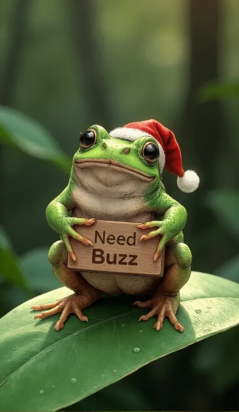 a tiny frog perched on the edge of a dew-covered leaf at dawn, holding a small wooden plaque between its delicate front feet. The plaque is etched with the words "Need Buzz". The frogâs skin is a vibrant mix of emerald green and golden hues, with intricate veins and tiny bumps visible in stunning detail. Its large, glossy eyes reflect the soft morning light, capturing the misty surroundings. Tiny droplets cling to its skin and the leaf, shimmering like crystals in the early sunlight. The background fades into a gentle blur of earthy greens and browns, focusing attention on the frog and its quirky message in this quiet, magical moment. the little frog has a white beard and a small santa claus hat
<lora:Ghoul:1> This is a digital drawing in a manga-inspired style,