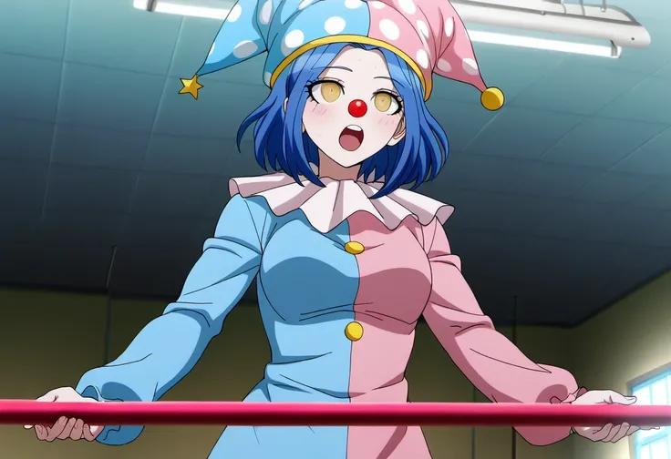 (((solo))), masterpiece, best quality, modern, modern anime, danganronpa_(series),<lora:Satsuki_Iranami_Illustrious:1>, This anime screencap is from Danganronpa the Animation. . Satsuki Iranami is wearing a two-toned jester-like outfit split vertically dow...