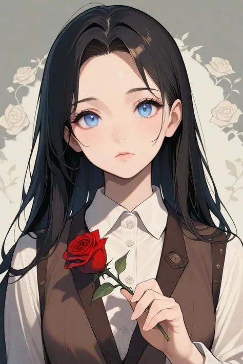 1girl, solo, narrow mouth, full lower lip, dark hair, long hair, looking at viewer, holding rose, blue eyes, white collared shirt, brown vest, upper body, masterpiece, best quality, very aesthetic