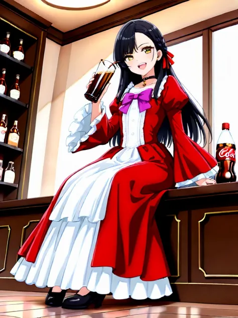 masterpeace,
from an angle, sit,hands cola, full body,
<lora:Wi_Ali_241107326:1>Wi_Ali,1girl,solo, red dress, long hair, black hair, purple bow, purple bowtie, bow, long sleeves, long dress, wide sleeves, White frills, ribbon, hair ribbon, yellow eyes, bow...