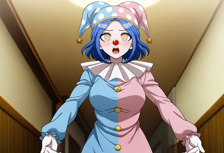 (((solo))), masterpiece, best quality, modern, modern anime, danganronpa_(series),<lora:Satsuki_Iranami_Illustrious:1>, This anime screencap is from Danganronpa the Animation. . Satsuki Iranami is wearing a two-toned jester-like outfit split vertically dow...