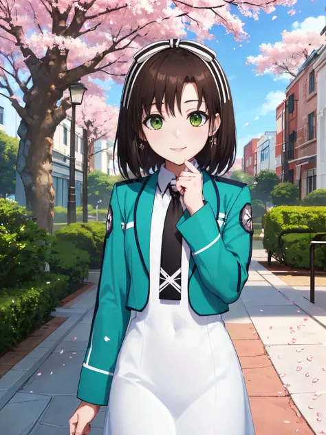 <lora:Saegusa_Izumi_0R:0.7>
saegusaizumi, brown hair, medium hair, green eyes, white hair ribbon
first high school uniform, green jacket, white dress, (long skirt:1.2), black necktie, long sleeves
masterpiece, best quality, ultra-detailed, detailed, detail...