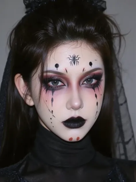 masterpiece,best quality,Halloween Face Makeup,Stylized makeup and hair design with a dramatic,Striking Gothic Makeup with Black and White Face Art,Stylized makeup with dramatic spider web and eye designs,