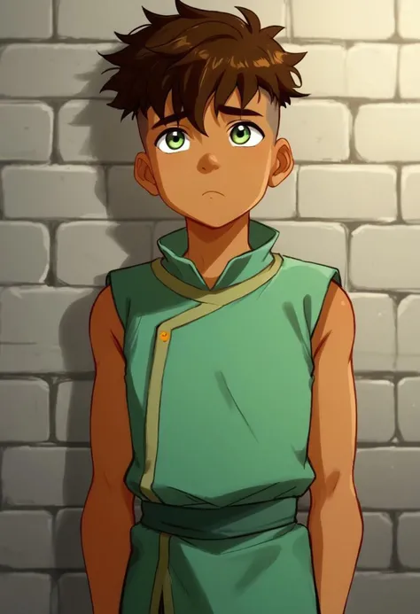 1boy, solo, cute boy, Kai, Brown Hair, Undercut, Green Eyes, Prison Tunic, sleeveless, dark skin