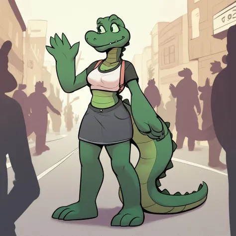 score_9, score_8_up, score_7_up, score_6_up, score_5_up, solo, 1girl, furry, anthro, crocodile, female, sexy, simple chlotes, full body, green body, street, crocodile girl, normal breasts, green eyes, crocodile tail, 4 toes, waving hand, crowd in the backg...