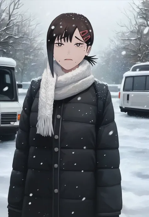 score_9,score_8_up, score_7_up,xai,1girl, solo, looking at viewer, short hair, bangs, black hair, hair ornament, jacket, outdoors, hairclip, scarf, mole, black eyes, coat, black jacket, mole under eye, swept bangs, ground vehicle, mole under mouth, motor v...