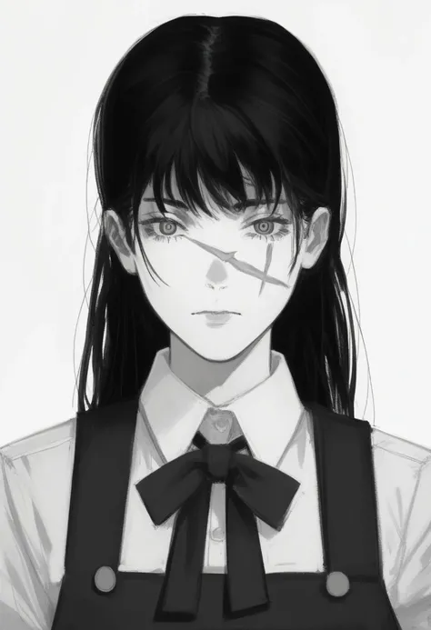 score_9,score_8_up, score_7_up,xai, 1girl, solo, long hair, looking at viewer, bangs, simple background, shirt, white background, dress, ribbon, school uniform, monochrome, greyscale, collared shirt, scar, scar on face, pinafore dress, ringed eyes, scar on...