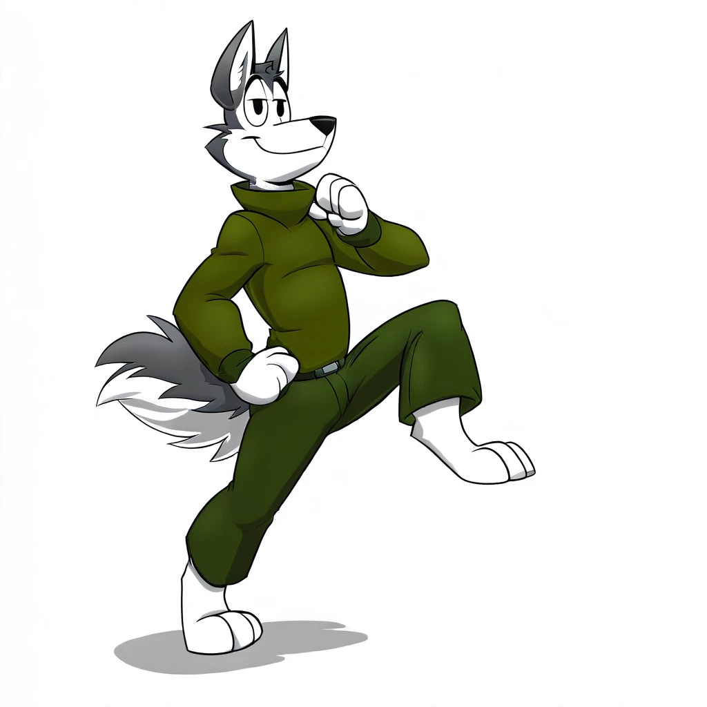 greyofpta style, by greyofpta, 1boy, solo, full body, fully clothed, source_furry, rating_safe, furry male, furry, husky, posing, smirk, white background, digital art, 2D