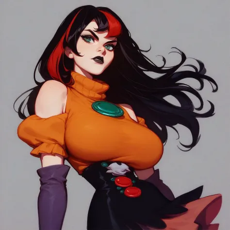 score_9, score_8_up, score_7_up,  1girl, solo, multicolored hair, dress, black hair, red hair, jewelry, long hair, detached sleeves, streaked hair,  goth, large breasts, round breasts, mini skirt, make-up, scooby doo style,