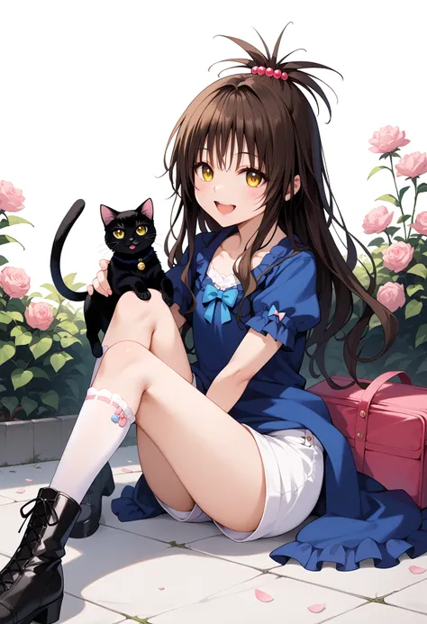 anime girl sitting on the ground with a cat in her lap