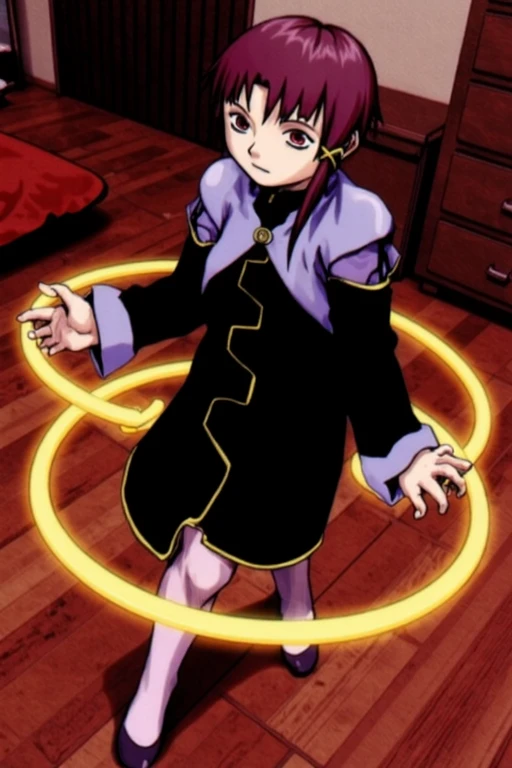 <lora:yoshitoshiabelain:1>Lain Iwakura stands in her cozy bedroom with a polished wooden floor, intensely focused as multiple glowing yellow hula hoops spin around her waist and wrists, creating a mesmerizing spiral of light. She moves with a fluid, playfu...