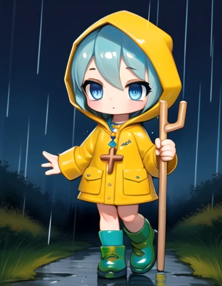 Luce, chibi, blue eyes, yellow raincoat, hood, short aqua hair, staff walking stick, cross necklace, solo, night, outdoors scenery, rain, green footwear