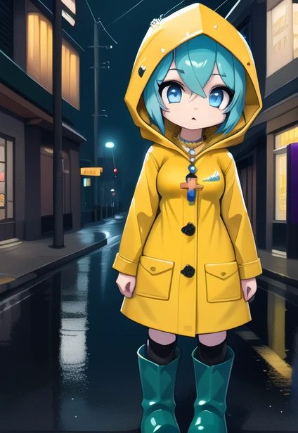 woman, Luce, anime, yellow raincoat, hood, standing on road in town, night, cross necklace, short aqua hair, blue eyes, medium breasts, raining, green rubber boots