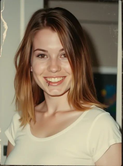 1970s, 70s, blurry old photograph of r4vnc0sm1d woman, 22 years old, slightly smiling, wearing a white tshirt, in a living room, detailed face, in the 70s, bleached scratched damaged torn smudged dirty wrinkled polaroid, kodak portra 400, cine film still, ...