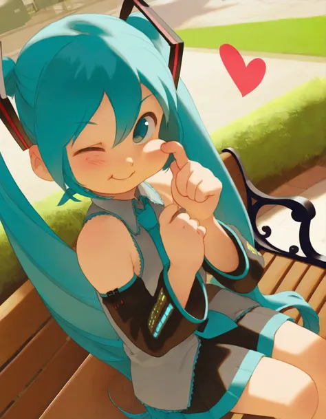 1girl, sitting on a park bench, smile, cheek poking by self, heart, one eye closed, (hatsune miku:0.8),  detached sleeves, dutch angle, 
,,,,,,,,,,,,,,,,,,,,,,,,,,,,,,,,,,,,,,,,,,,,,,,,,,,,,,,,,,,,,,,,,,,,,,,,,,,,,,,,,,,,,,,,,,
masterpiece, high quality, g...