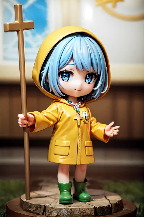 masterpiece,best quality,highest detailed,depth of field,3D,figure,(chibi:1.2),1girl,solo,Luce,short hair,blue hair,(swept bangs:1.3),blue eyes,flat chest,jewelry,beads,cross necklace,(hood up),yellow raincoat,white shirt,long sleeves,pocket,rubber boots,g...