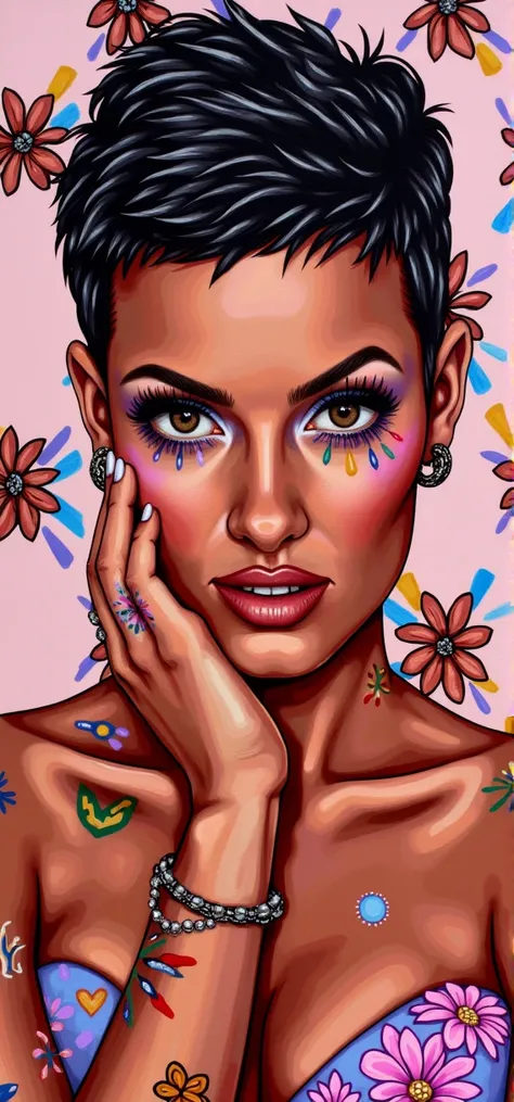 This image is a vibrant, stylized digital painting portrait featuring a stylized depiction of Lilac Sheer Teddy with Floral Applique, Lean, Diamond-Shaped Face, Caramel Skin, Straight Nose, Bow-shaped Lips, Pointed Chin, Copper matte lipstick, bracelet, sa...