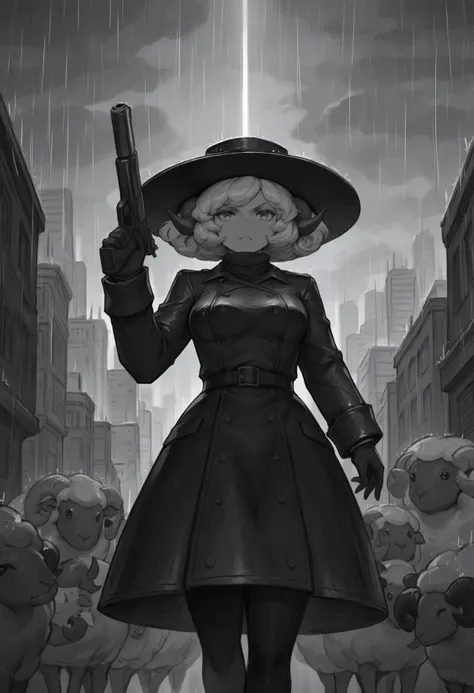 masterpiece, best quality, sheep girl, army of sheep, holding gun, pistol, monochrome, rain, black hat, serious, abstract, cityscape, noir,