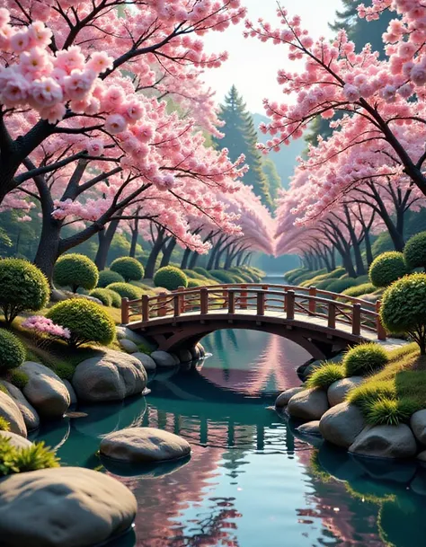 A serene Japanese garden, traditional Japanese art, delicate cherry blossoms, tranquil pond, elegant bridge, harmonious composition, natural beauty, detailed, peaceful, cultural, serene. Hyperrealism, vivid colors, vibrant hue. Close-up