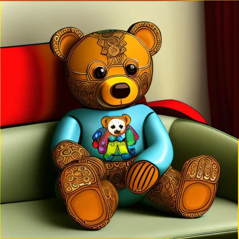 masterpiece, intricate graphic, cartoon teddy benny bear, sitting on the couch sofa, cartoon, painting, drawing, colorful, 8K,  BennyBear:1.0