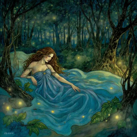 A woman in a bed placed in the magical forest with fireflies. The woman is wearing a fantasy long blue dess around hes body, and long brown hair. Painting in the style of r3b3cc4gu4y artstyle

