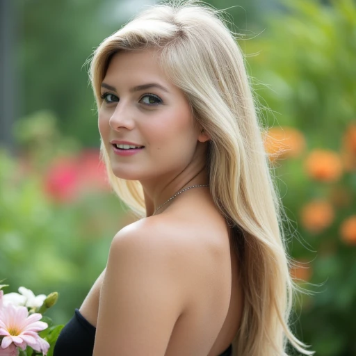 blonde hair, necklace, day, white dress, smile, lipstick, black dress, parted lips, sunlight, blurry, bare shoulders, makeup, long hair, flower, looking at viewer, upper body, from behind, mole, realistic