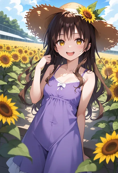 anime girl in a purple dress and sunflowers in a field（yuuki mikan)