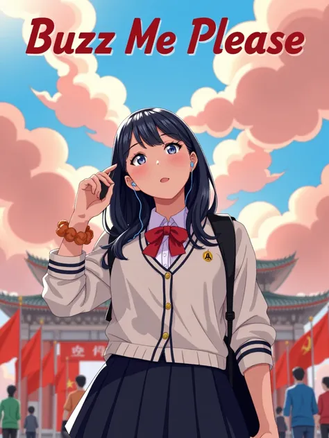 (text "Buzz Me Please" in sky:3),
A beautiful slim girl blushing and female orgasm,the sidelight outlines her sexy body curves,
school uniform,Takarada Rikka,
<lora:Takarada_Rikka_FLUX-e12:1>,
earplugs,cellphone,
In the style of a Soviet propaganda poster,...