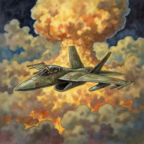 Painting in the style of r3b3cc4gu4y artstyle: an F22 aircraft flying and a nuclear explosion at the background

