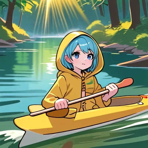 Luce, yellow raincoat, hood, short aqua hair, sitting in kayak, knees up, holding oar, paddling on river, blue eyes, nature scenery, sunbeam