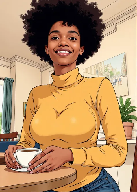 Ligne Claire comic style illustration, realistic photo of, 1girl, slim body, solo,Addison, wearing a fitted gold turtle neck sweater, breasts, standing in a cafe holding a coffee, looking at the viewer, smiling  She has afro, curly messy hair 