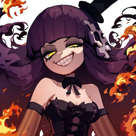 score_9, score_8_up, score_7_up, source_anime, 1girl, solo, ae-tan, mini top hat, monocle, yellow eyes, purple hair, long hair, jigsaw piece, corset, vertical-striped pantyhose, goth, black dress, grin, smug, fire background