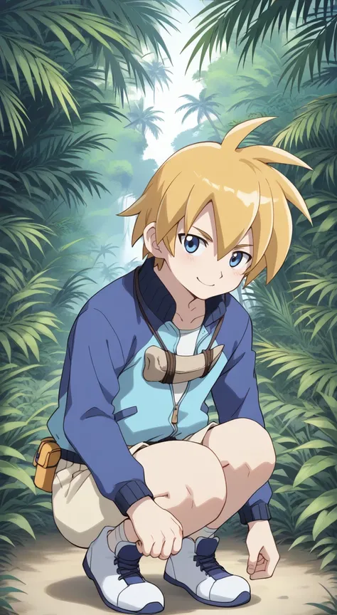 1boy,solo,male focus,rex owen,blonde hair,blue eyes,smile,jungle,blue jacket