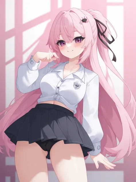 uncensored, score 9 up, score 8 up,
 <lora:[ç»-huahua] Artist Style PonyXL:1>,blush, looking at viewer, smile, collarbone, long sleeves, long hair, pink hair, hair between eyes, school uniform, pleated skirt, white shirt, multicolored hair, hair ornament,...