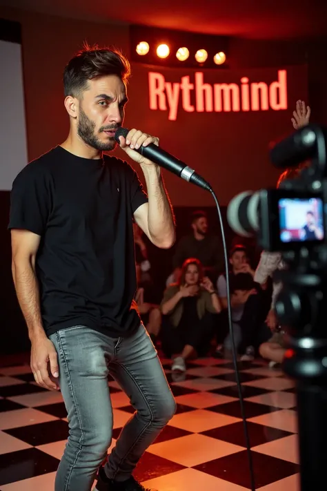 HD high professional quality photo of an indoor event where Loïc Barcourt is standing performing on a checkered floor looking at the camera. He is wearing a black shirt and gray pants and is holding a microphone close to his mouth. Behind him there are mul...